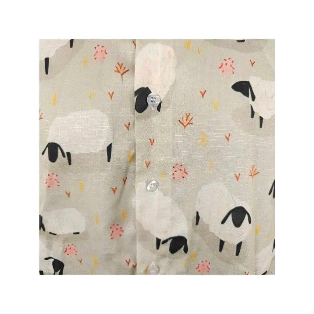 Sheep Casual Shirt Mens Size Small Green All Over Print Farm Animals